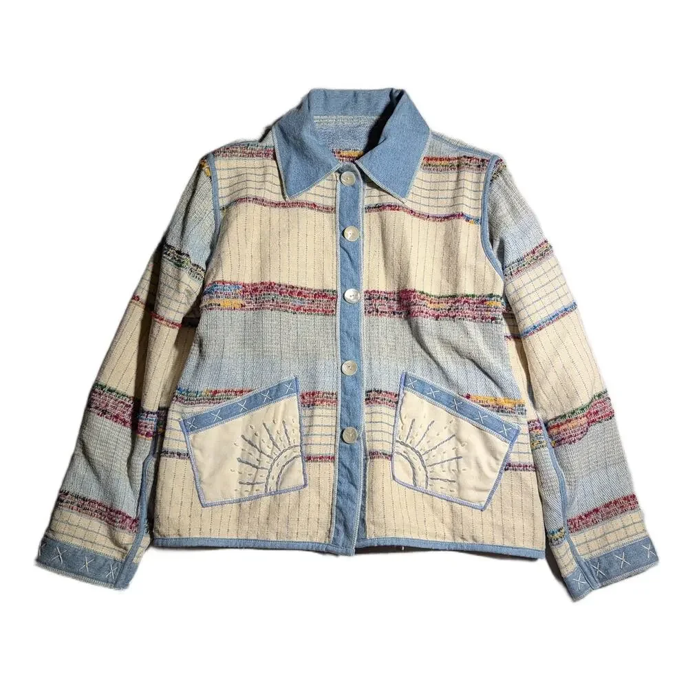Vtg Y2K Yak Magik Blue Ivory Reversible Fringe Trim0 Blanket Woven Jacket S